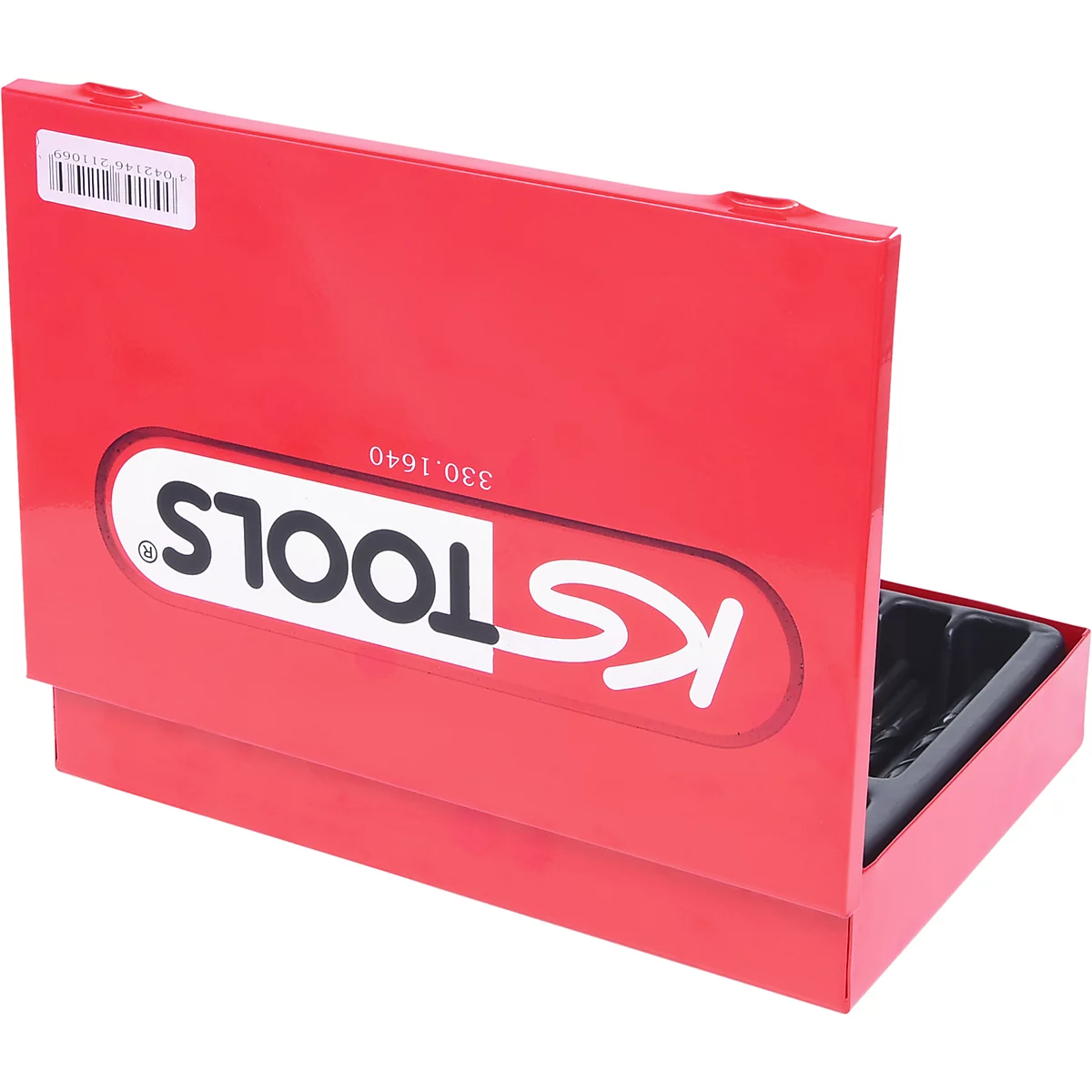 Roter Werkzeugkoffer, geöffnet, mit KS TOOLS Logo und weißem Innenfach. Auf der Oberseite ein Barcode.